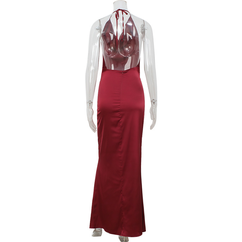 Low Cut Halter Swing Collar Sexy Backless Wine Red Slim Fit Graceful Satin Dress