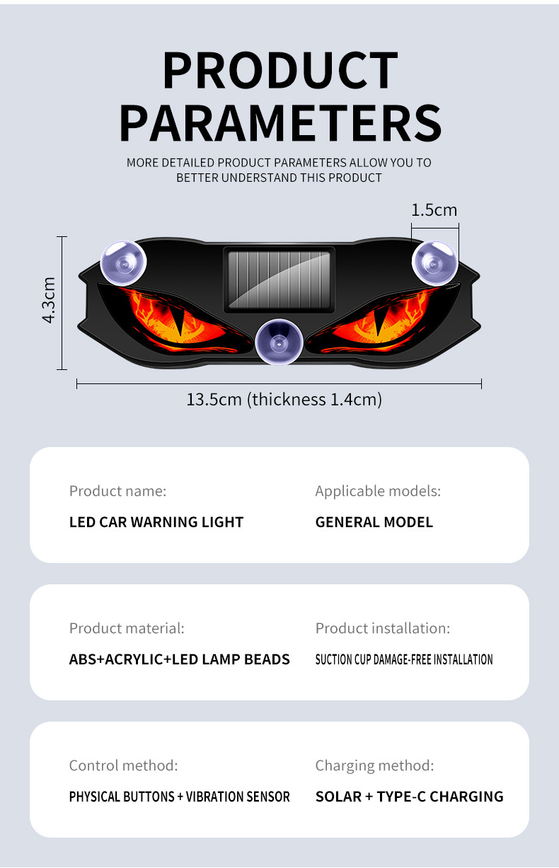 Solar-Powered Car Devil's Eye LED Ambient Light, Wireless Suction Cup Dynamic Expression Light, Red, Blue, Green Tri-Color Available