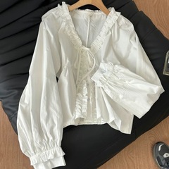 法式设计感V领系带木耳边白色衬衫女2025春季高级感甜美气质上衣
