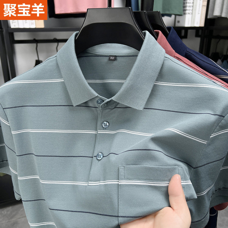 Men's Summer New Red Short-sleeved T-shirt Dad's Life Year Striped Wedding Polo Shirt with Pocket Top