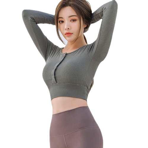 New Korean style yoga suit, long-sleeved T-shirt, women, half-button, figure-fitting, elastic sports and fitness suit, T-shirt, women, with chest pad