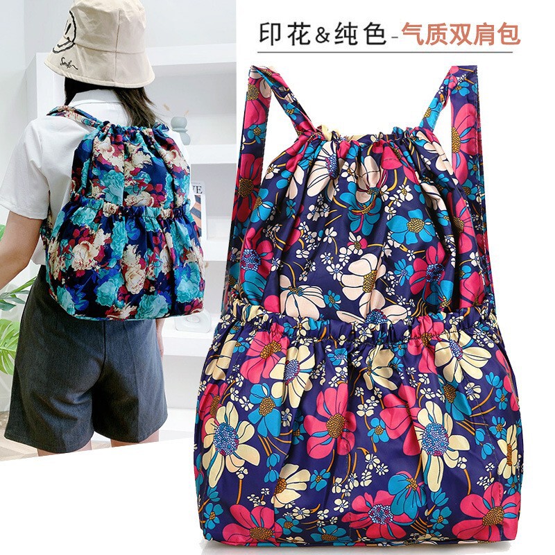 Ultra-light floral drawstring backpack for women, casual large-capacity fabric backpack, foldable shopping bag Ultra-light floral drawstring backpack for women, casual large-capacity fabric backpack, foldable shopping bag