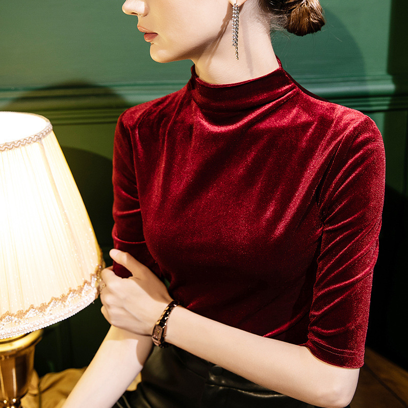 Autumn Half-High Collar Velvet Base Shirt Women's Half-Sleeve Slim-Fit Inner Half-Sleeve Velvet Collar Top