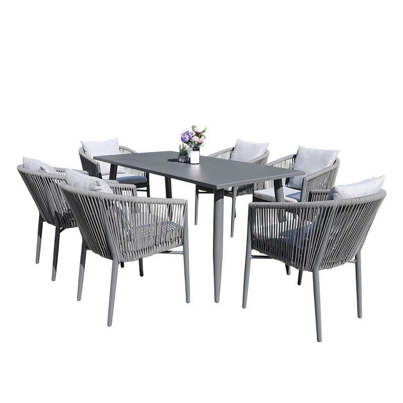 Silla nórdica de ratán para exteriores, conjunto de mesa y sillas de ratán tejido con cuerda de aluminio para ocio al aire libre en balcones, juego de tres o cinco piezas, silla de ratán moderna y minimalista. image 6