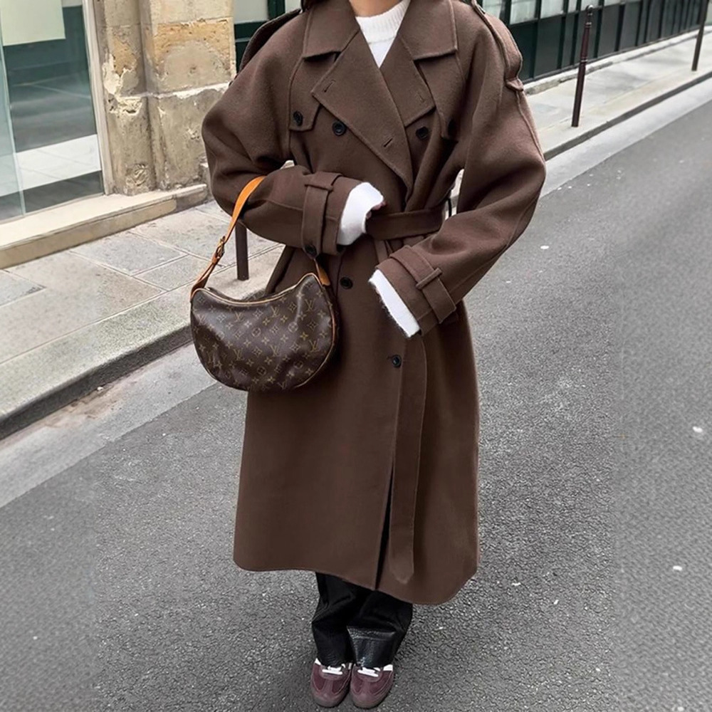 Real Shot - 2025 European and American Cross-Border Popular Style Lapel Long Waist-Cinching Lace-Up Woolen Outwear for Women