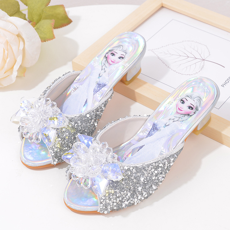 Elsa Crystal Shoes Summer Girls Sandals Slippers Silver Fashion Children Princess Shoes Cartoon Girls Slippers Elsa Shoes