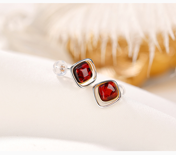 Bông tai nữ mạ vàng bạc S925 hình vuông đính đá phong cách cổ điển — Mẫu màu bạc sáp ong chi tiết 4
