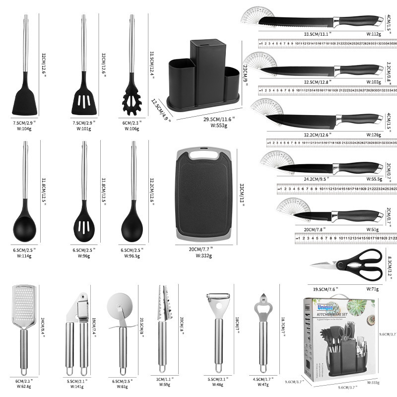 Utensilios de cocina de silicona 20 piezas sartén antiadherente utensilios de cocina resistentes a altas temperaturas estante de almacenamiento cuchara de sopa espátula tabla de cortar cuchillo traje