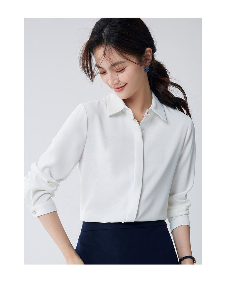 Áo sơ mi voan dài tay nữ cổ vuông, thiết kế chống lộ, phom rủ mềm mại — Trắng-dài tay-nữ chi tiết 15