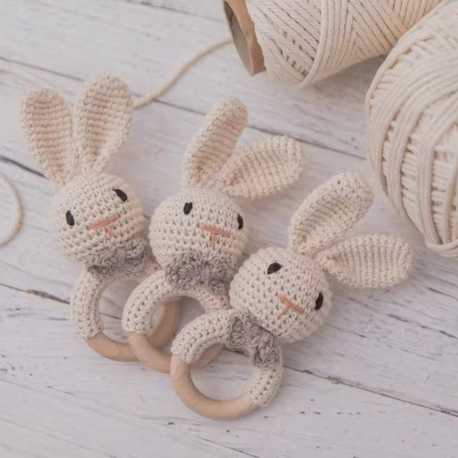 Bebé crochet jingle madera ganchillo hecho a mano conejito sonajero juguete sonajero bebé juguete Baoan