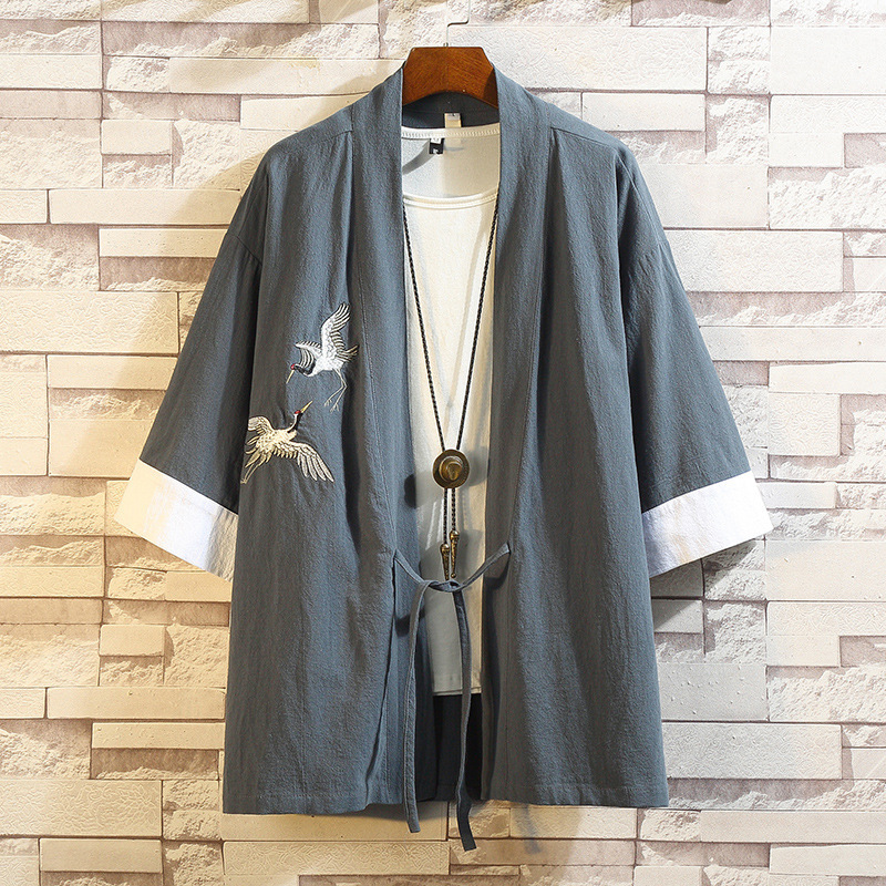 Chinese Style Tang Suit Fashion Embroidered Hanfu Chinese Style Men's Linen Cloak Ethnic Robe Vintage Cotton and Linen Shirt for Men