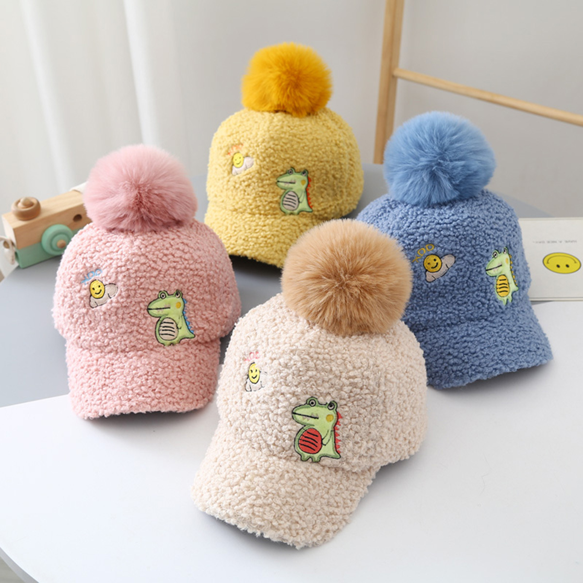 Cute Dinosaur Fur Ball Teddy Down Baseball Cap Wholesale Nihaojewelry display picture 1