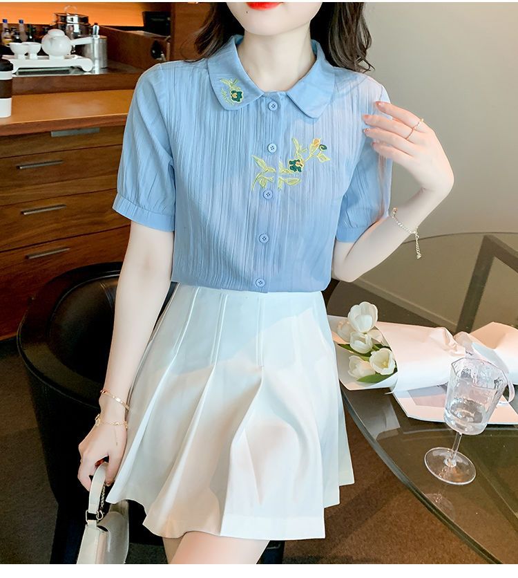 夏装2024年新款时尚纯棉衬衣女洋气全棉短袖气质女士衬衫刺绣上衣详情21