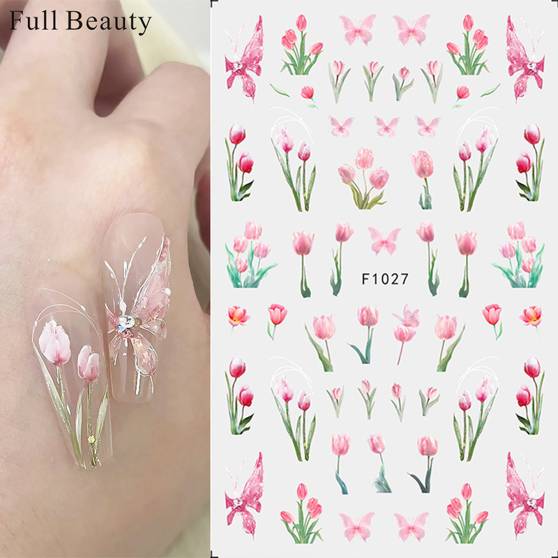 New spring tulip flower nail stickers peach blossom butterfly red bean ink flower adhesive nail stickers New spring tulip flower nail stickers peach blossom butterfly red bean ink flower adhesive nail stickers