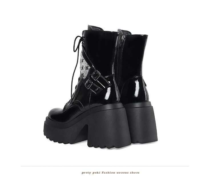Boot nữ cổ ngắn phong cách Anh quốc, gót vuông 10cm, đế platform, khóa kéo bên hông — Lót nhung đen chi tiết 16
