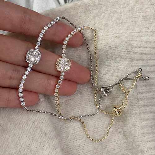 Silver and Gold-Tone Small Square Zirconia Bracelet -  Versatile Pull-String Gentle Style Charm Accessory Cord