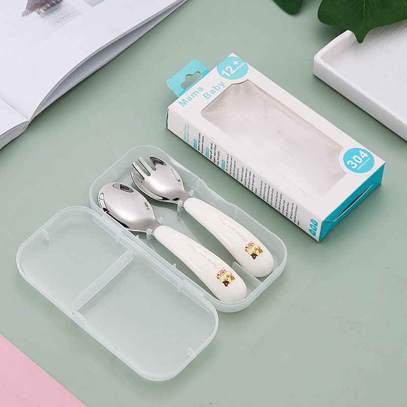 304 acero inoxidable niños cubiertos portátiles juegos de dibujos animados cuchara tenedor cuchara de entrenamiento para bebés cuchara tenedor casera