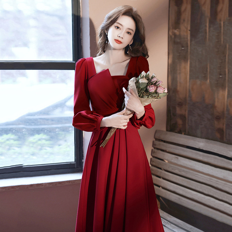 Bride's Toast Dress 2026 New Summer Long-Sleeve Engagement Mid-Length Red Dress for Homecoming Wedding Evening Gown Bride's Toast Dress 2026 New Summer Long-Sleeve Engagement Mid-Length Red Dress for Homecoming Wedding Evening Gown