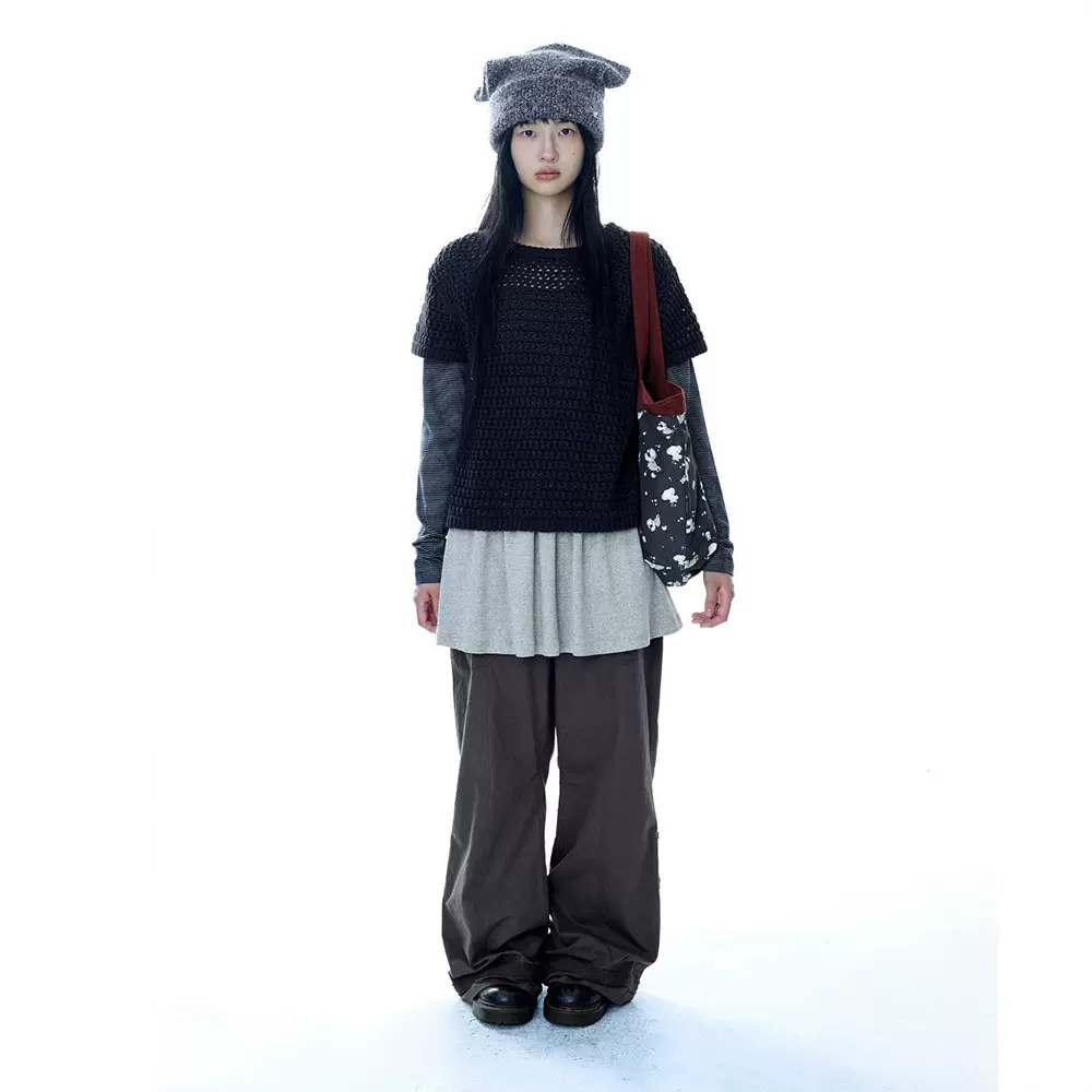 现货 纽扣蕾丝装饰口袋休闲裤女2025秋季宽松纯色工装长裤coyse*o