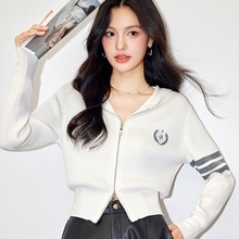 R3207运动休闲拉链学院风针织开衫女少女连帽毛衫外套2024春新款