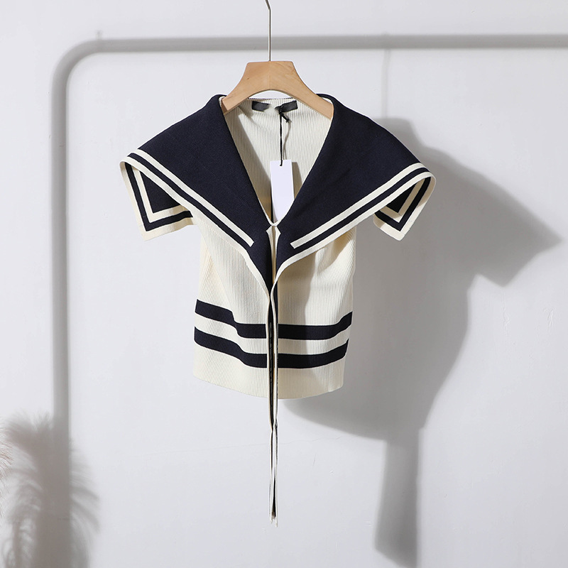 American-Style K~ Women's Navy Collar American-Style Slim-Fit Knit Pullover Jacket 2318