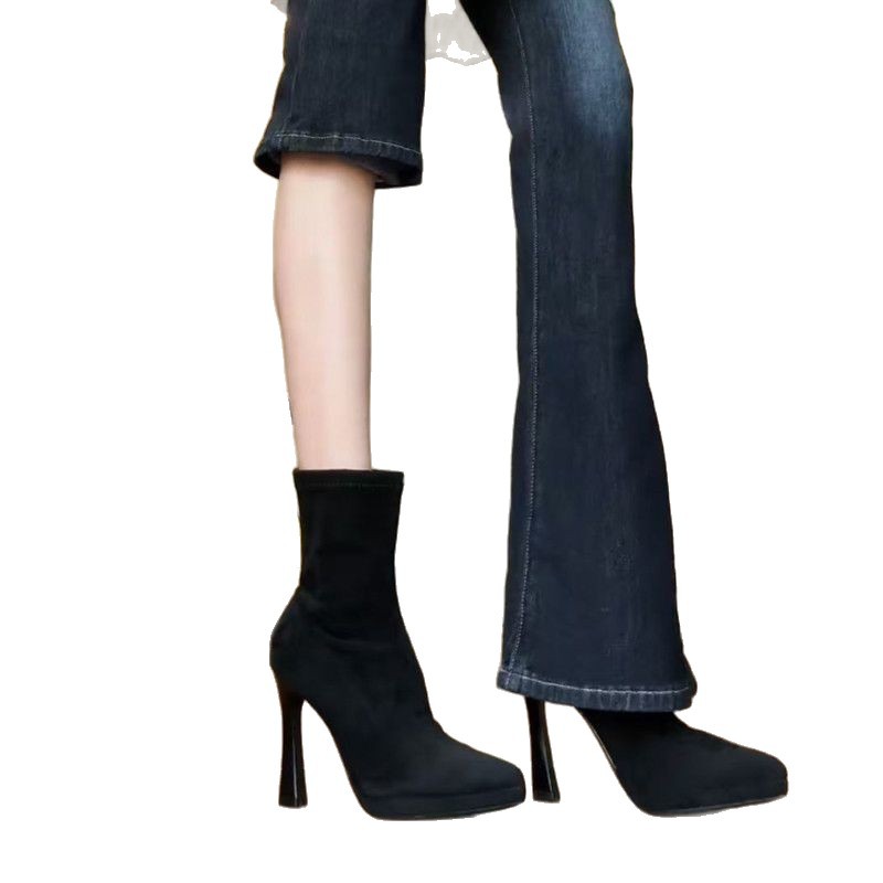 Black Pointed Toe High Heel Sock Boots Waterproof Fleece-lined_voghion.com