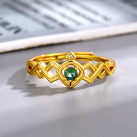 日系沙弗莱戒指女镀18k金镶嵌绿色锆石彩色皇冠戒子小众设计指环