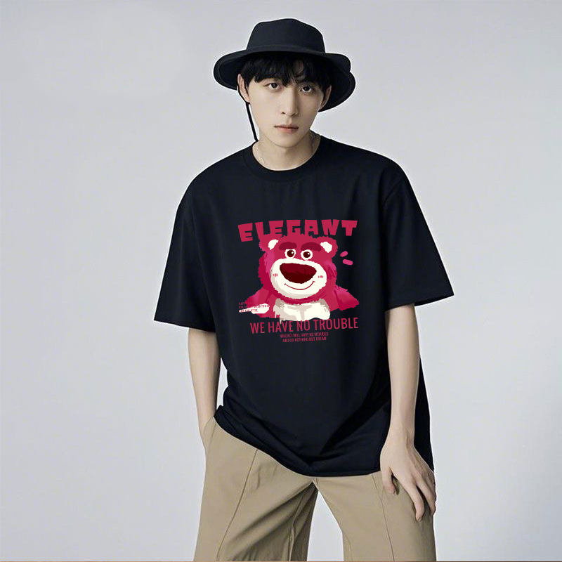 2026 impresión de oso de fresa versátil comercio exterior inns cuello redondo camiseta de manga corta camiseta casuales blanco T pareja