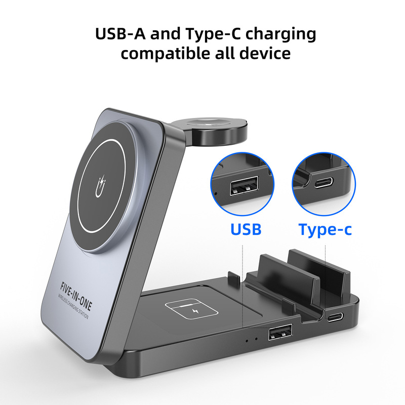 国境を越えた新製品折りたたみ磁気 5 イン 1 ワイヤレス充電器 USB18W 高速充電多機能携帯電話時計ホルダー|undefined
