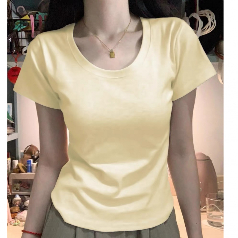 Cream Yellow Design Sense Shoulder Pure Cotton U-Collar Short-Sleeved T-Shirt Women's 2025 Summer Hot Girl Short Slim-Fit Waist Tops