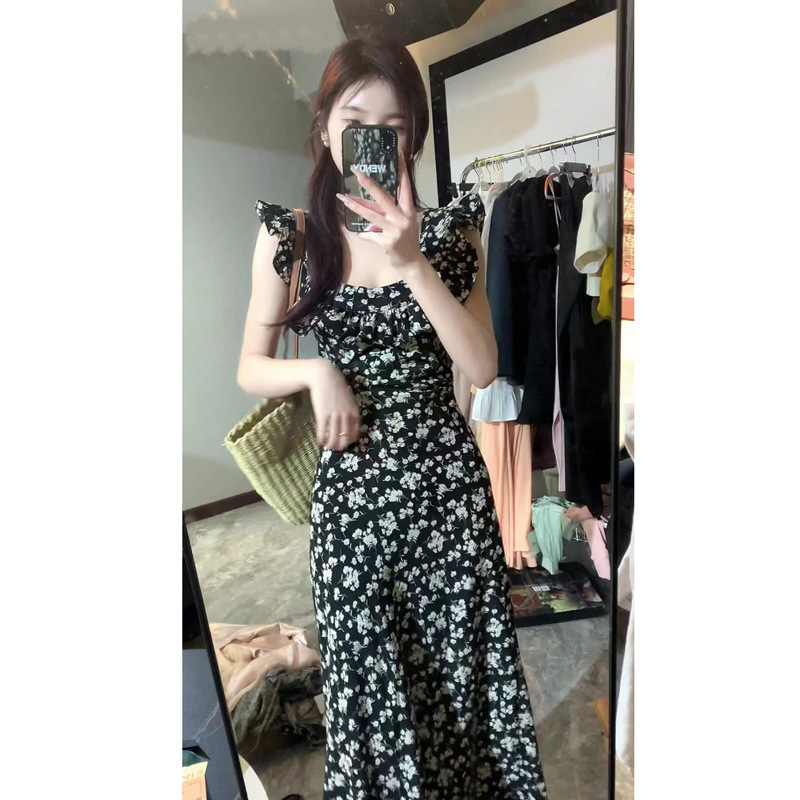 2024 New Ruffled Floral Vest dress Women's Summer Hepburn Style Tight Waist Slimming Long Dress