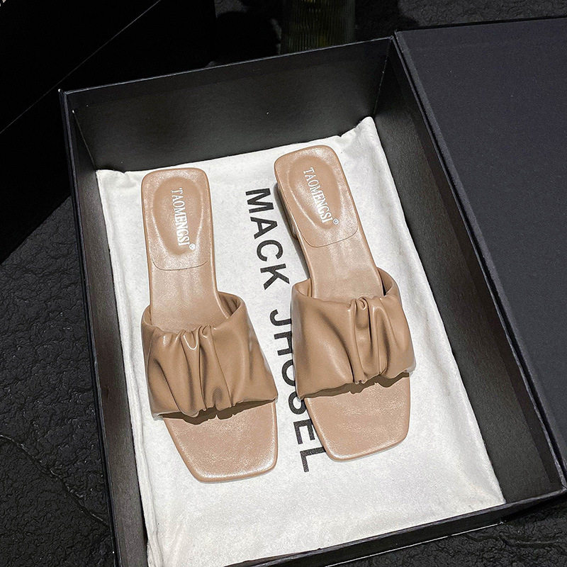 Dép sandal nữ quai ngang mũi vuông gót vuông đế cao 3–5 cm — Màu mơ, Màu nâu