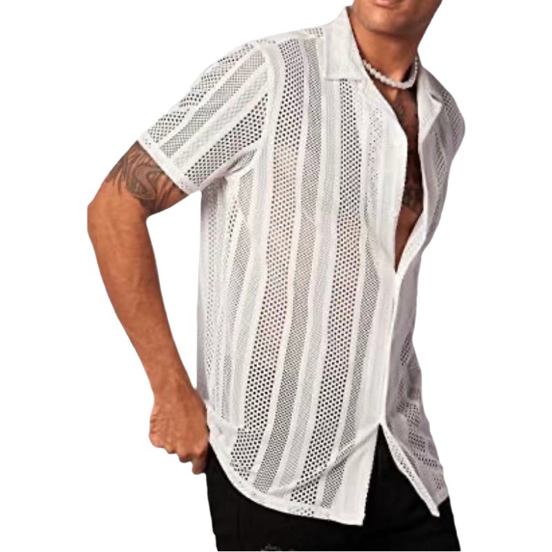 Botón casual de la calle de los hombres de la venta caliente transfronteriza camisa de manga corta de punto camisa superior de los hombres ahueca hacia fuera