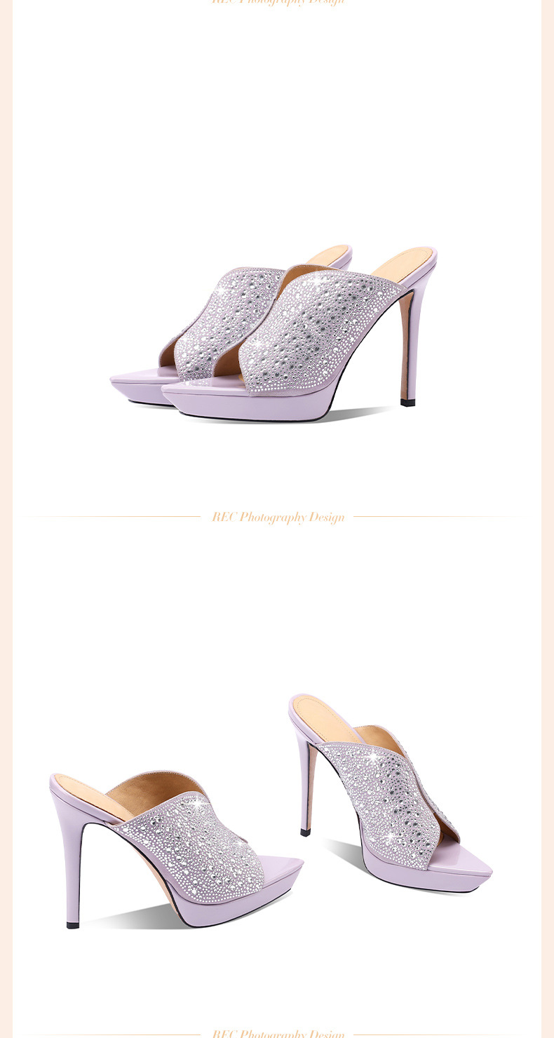 Sandal cao gót nữ mũi nhọn hở mũi đính đá, quai ngang, đế platform, gót 9 cm — Màu đen da cừu lộn chi tiết 15