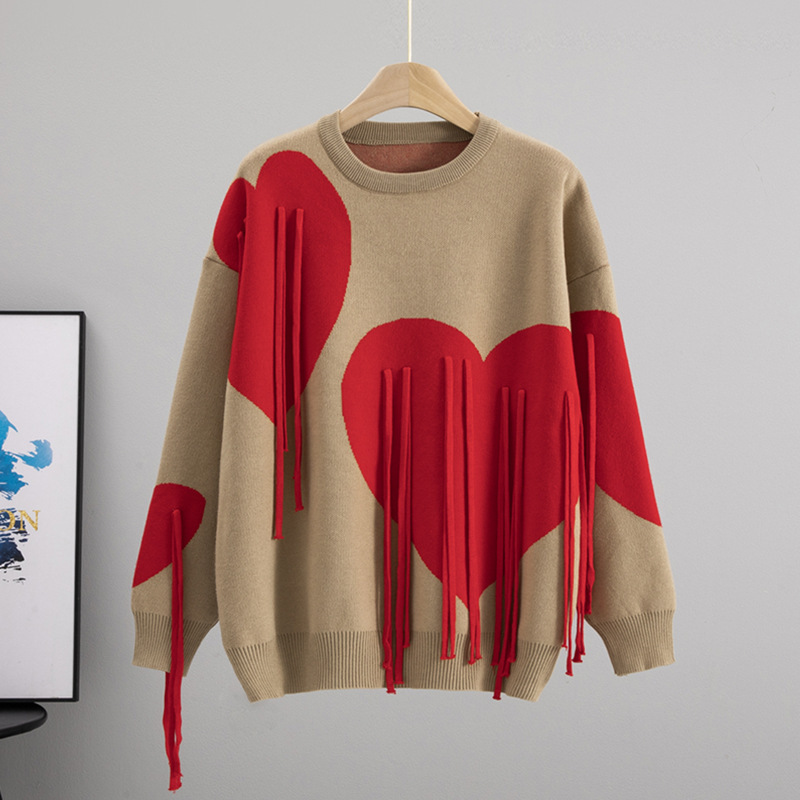 Cross-Border Foreign Trade European and American Round Neck Tassel Heart Sweater for Women, Spring and Autumn Loose Lazy Style Fashionable Knit Top Trendy Cross-Border Foreign Trade European and American Round Neck Tassel Heart Sweater for Women, Spring and Autumn Loose Lazy Style Fashionable Knit Top Trendy
