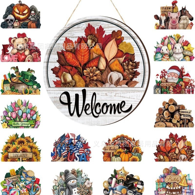 16pcs Welcome Door Sign Interchangeable Front Door Decor Rustic Fall Seasonal Hanging Sign Halloween Christmas