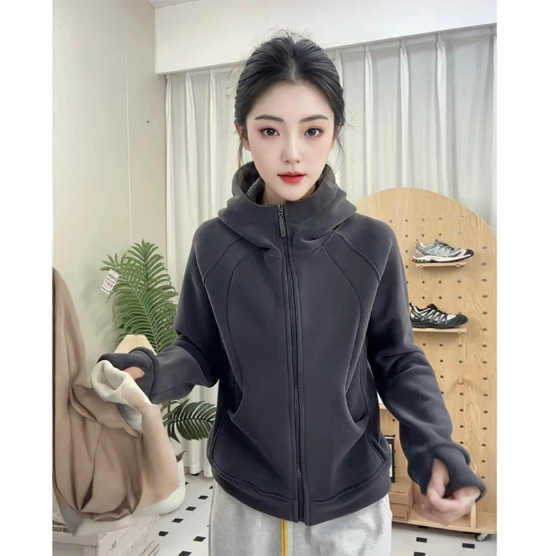 碳灰色连帽拉链裤卫衣女外套2025春季美式修身双加绒上衣显瘦开衫