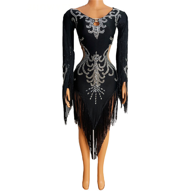 Black Tassel Cutout Dazzling Diamond Long Prom Dress Prom Party Glitter Dress