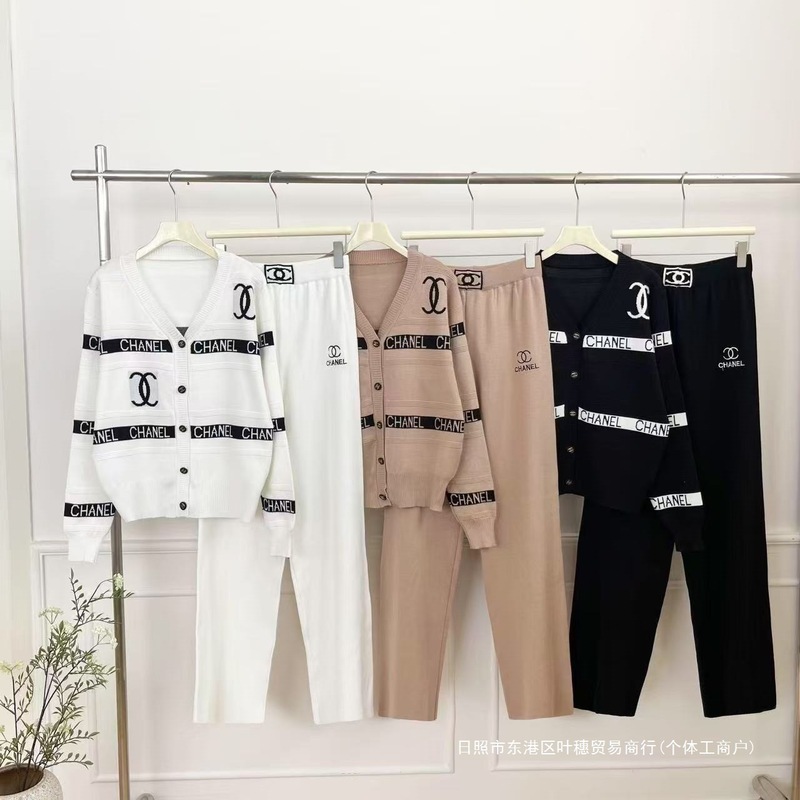 针织上衣毛衣外套开衫小香风新款百搭字母提花休闲阔腿裤早春套装|undefined