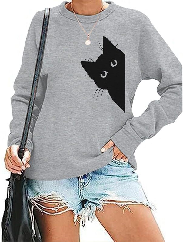 Lytiarul Women's Cat Sweatshirts Graphic Print Sweatshirts Fun Long Sleeve Shirt Cute Pullover Lightweight