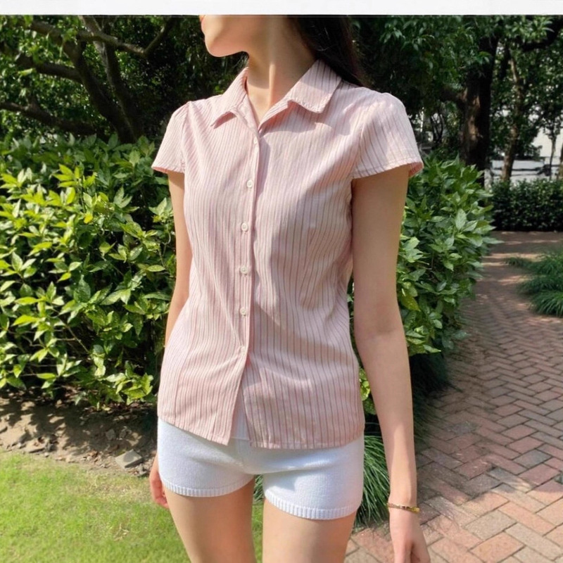 Bm Style Women's New Shirt Top Red and White Stripesd Polo Collar Small Flying Sleeves American Versatile Sweet Bm Short-Sleeved Shirt