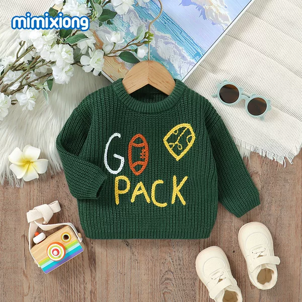 Ins Hot Selling New Baby Knitted Round Neck Letter Embroidered Top Sweater