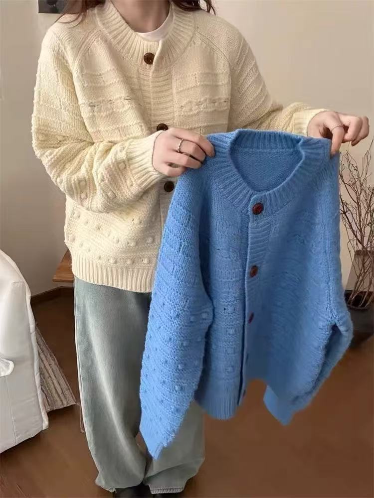 Cross-border coreano retro industria pesada gancho flor nicho de punto cardigan de mujeres otoño invierno nuevo cuello redondo abrigo suéter suelto image 9