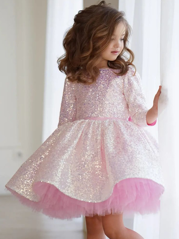 Kinderkleidung rosa Mädchen Prinzessin Kleid neuen Stil Mädchen Langarm Pailletten Geburtstag Weihnachten Kinder Kleid_voghion.com