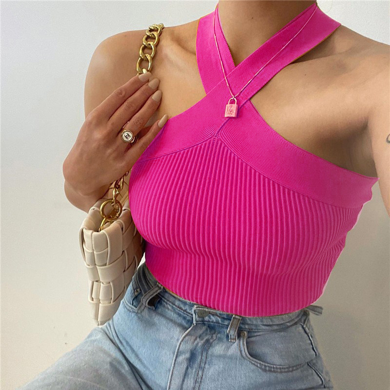 182g Weight Spandex Fabric Type Short Top Length Halter Crisscross Tank Tops Type Holiday, Street Occasion Halter Neck Neckline Slim Fit Type Solid Color Pattern Summer, Spring Season Women's Gender Backless Design Streetwear Style Wholesale Women's Streetwear Solid Color Backless Tank Tops 22