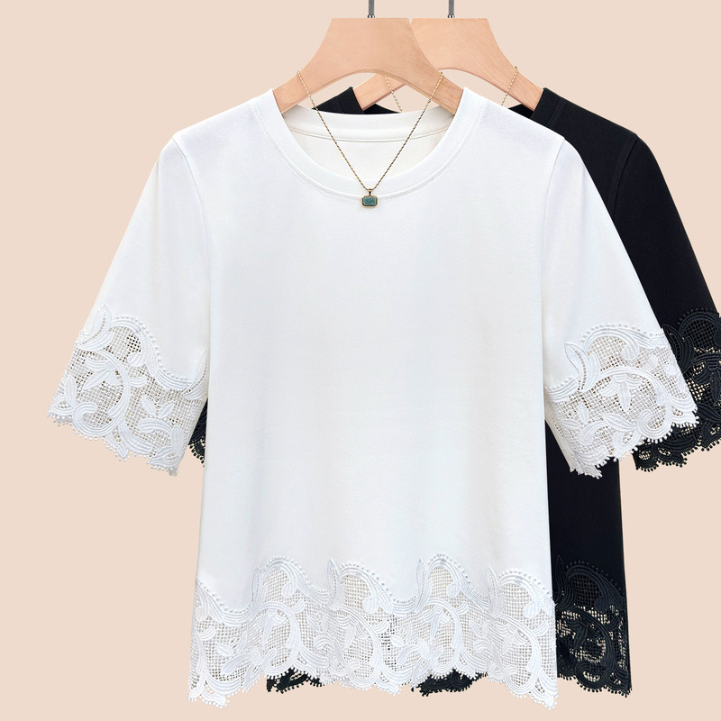 Designed Lace Splicing Round Neck Half-Sleeved T-Shirt for Women 2026 Summer New Style Simple and Versatile Slimming Solid Color Top