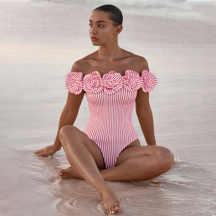Damen Badeanzug Retro Mit Schleife Und Streifen Sowie Rüschen_voghion.com