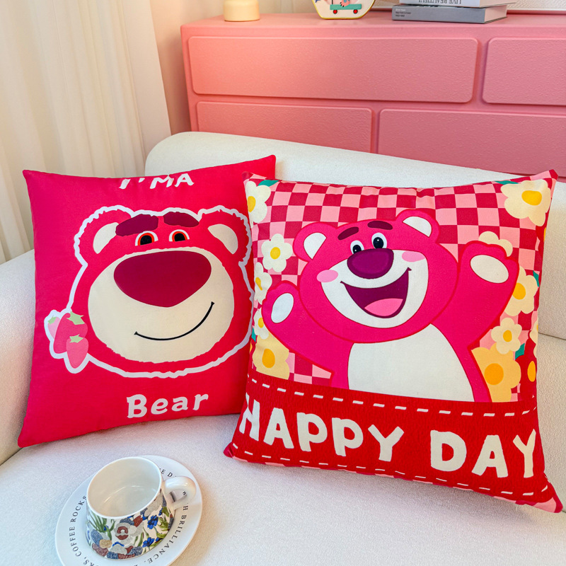 Funda de almohada de oso de fresa de dibujos animados, almohada de viento ins, almohada linda, dormitorio de estudiantes, almohada de sofá, cojín, funda de almohada