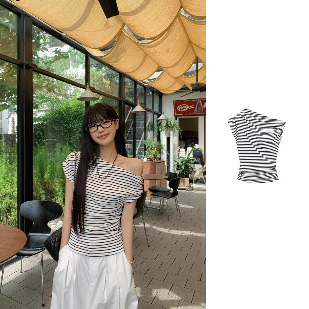 Craftsmanship Cross-Border Design Striped Asymmetrical Shoulder Short-Sleeve T-Shirt for Women Summer New Slim-Fit Trendy Top