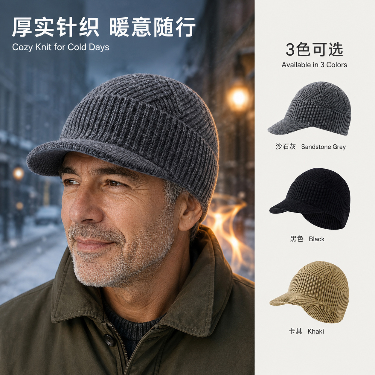Cross-Border Autumn and Winter Knitted Hat, Black Pullover Baseball Cap for Men, Large Head Circumference, Deepened and Fleece-Lined, Warm Woolen Hat
